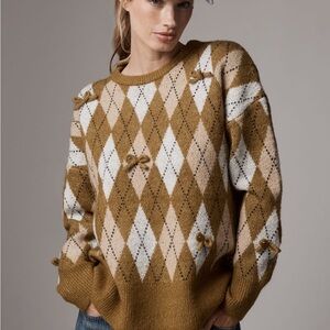 Maeve 3D Bow Argyle Crew Neck Sweater - Brown and Cream medium